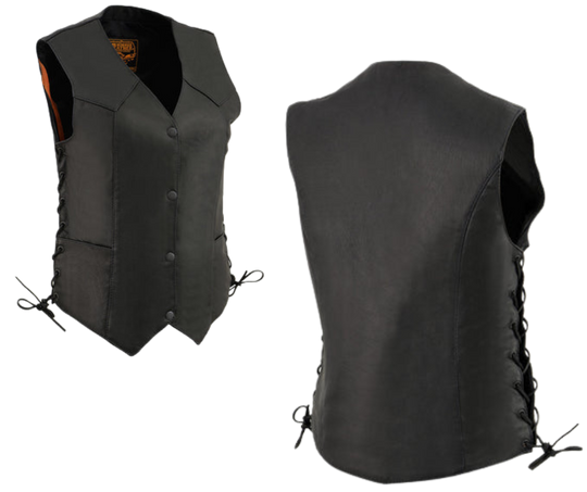 Basic V-neck style&nbsp; ladies leather with side laced motorcycle riding vest.&nbsp; Made from lighter weight Goatskin and contains conceal carry pockets, and 2 small pockets on front sides. It has mostly 1 panel pack and snap front closure.&nbsp; Available for purchase in our leather shop in Smyrna, TN, near Nashville.&nbsp; Available in sizes small to 5x.