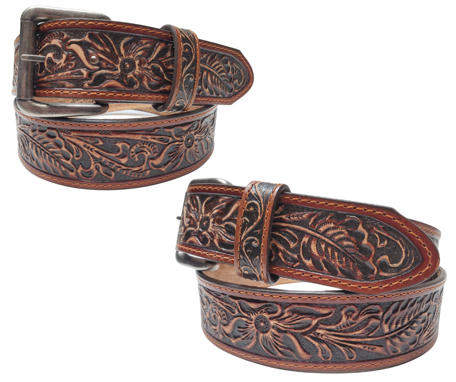 Experience the essence of the Old West with this 1 1/2" leather belt, featuring Edge stitching and a classic Western pattern. Its slightly distressed deep mahogany brown leather adds a touch of rustic charm to any outfit. Visit our Smyrna, TN shop, just a quick rideshare away from the bustling Wild West vibe of downtown Nashville.