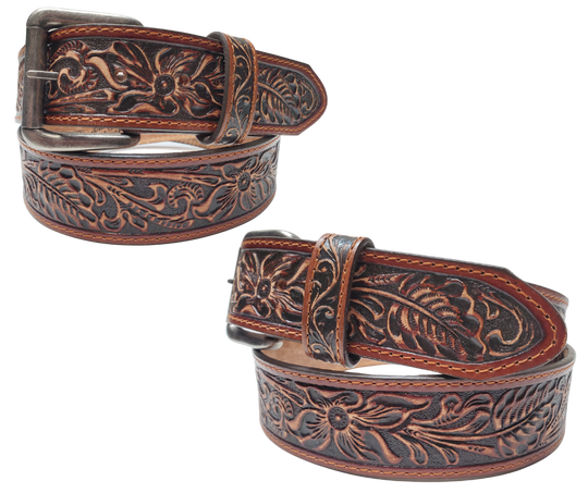 Experience the essence of the Old West with this 1 1/2" leather belt, featuring Edge stitching and a classic Western pattern. Its slightly distressed deep mahogany brown leather adds a touch of rustic charm to any outfit. Visit our Smyrna, TN shop, just a quick rideshare away from the bustling Wild West vibe of downtown Nashville.