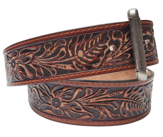 Experience the essence of the Old West with this 1 1/2" leather belt, featuring Edge stitching and a classic Western pattern. Its slightly distressed deep mahogany brown leather adds a touch of rustic charm to any outfit. Visit our Smyrna, TN shop, just a quick rideshare away from the bustling Wild West vibe of downtown Nashville.