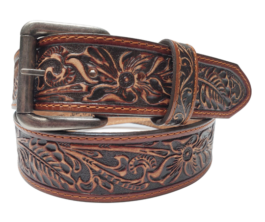 Experience the essence of the Old West with this 1 1/2" leather belt, featuring Edge stitching and a classic Western pattern. Its slightly distressed deep mahogany brown leather adds a touch of rustic charm to any outfit. Visit our Smyrna, TN shop, just a quick rideshare away from the bustling Wild West vibe of downtown Nashville.