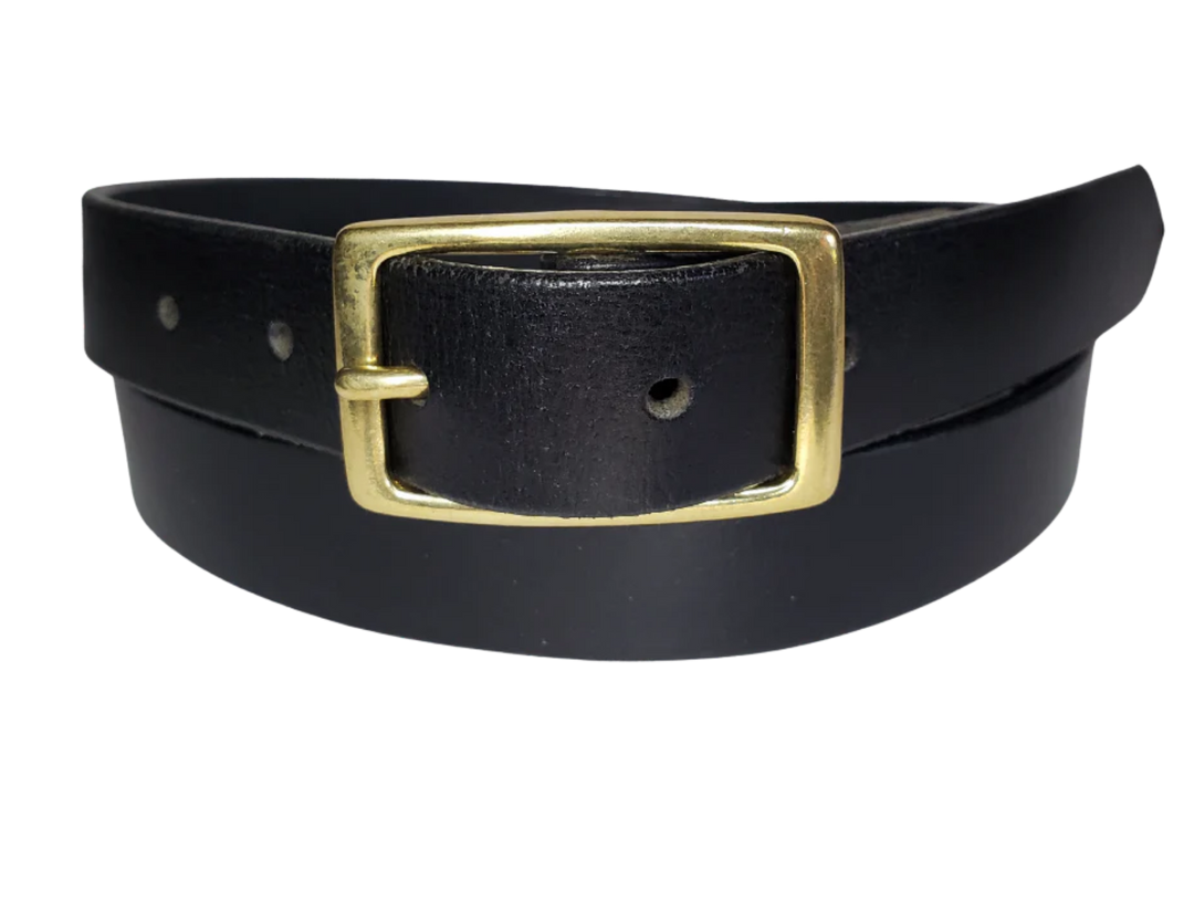 Our ladies 1" wide Solid Black buffalo water leather belt with snaps to easily change out buckle. Features a smoothed black burnished and a Solid Brass or Antique Nickle plate over Brass buckle. This belt has a softer feel than some of our Name style belts but still durable. Available online or for purchase at our shop just outside Nashville in Smyrna, TN.  We create each belt to have 7 holes at 1 inch apart. Your chosen size will be the center hole.