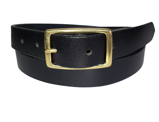 Our ladies 1" wide Solid Black buffalo water leather belt with snaps to easily change out buckle. Features a smoothed black burnished and a Solid Brass or Antique Nickle plate over Brass buckle. This belt has a softer feel than some of our Name style belts but still durable. Available online or for purchase at our shop just outside Nashville in Smyrna, TN.  We create each belt to have 7 holes at 1 inch apart. Your chosen size will be the center hole.