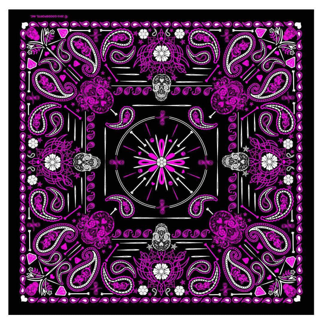 Make a statement with our Ladies Pink Paisley Skulls Bandana! Classic artwork with Sugar Skulls accented in the paisley design in purple, pink, and white on a black background.&nbsp;As you know these can be worn many ways... ear them traditionally, or as a skull cap.&nbsp;Multiple Styles of Bandanas in stock. Get your favorite one at our Smyrna, TN shop not far from Boswell's in Nashville.

Classic Style Bandana
Hot Leathers Original Design
Single sided print
21" X 21" Measurement
100% Polyester
imported