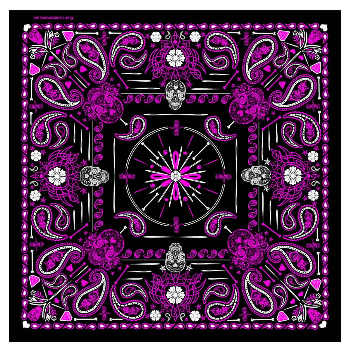 Make a statement with our Ladies Pink Paisley Skulls Bandana! Classic artwork with Sugar Skulls accented in the paisley design in purple, pink, and white on a black background.&nbsp;As you know these can be worn many ways... ear them traditionally, or as a skull cap.&nbsp;Multiple Styles of Bandanas in stock. Get your favorite one at our Smyrna, TN shop not far from Boswell's in Nashville.

Classic Style Bandana
Hot Leathers Original Design
Single sided print
21" X 21" Measurement
100% Polyester
imported