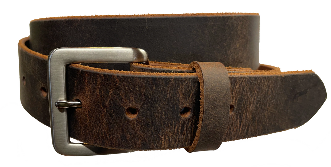 This brown leather belt is made from Crazy Horse tanned leather for that distressed and pull-up look. The edges are beveled and left raw for a contrasting look. It has an antique nickel coated solid brass buckle that is snapped in place. Belt is 1 1/2" wide and available in lengths from 34" to 44".  It is handmade in our shop in Smyrna, TN, just outside of Nashville. 