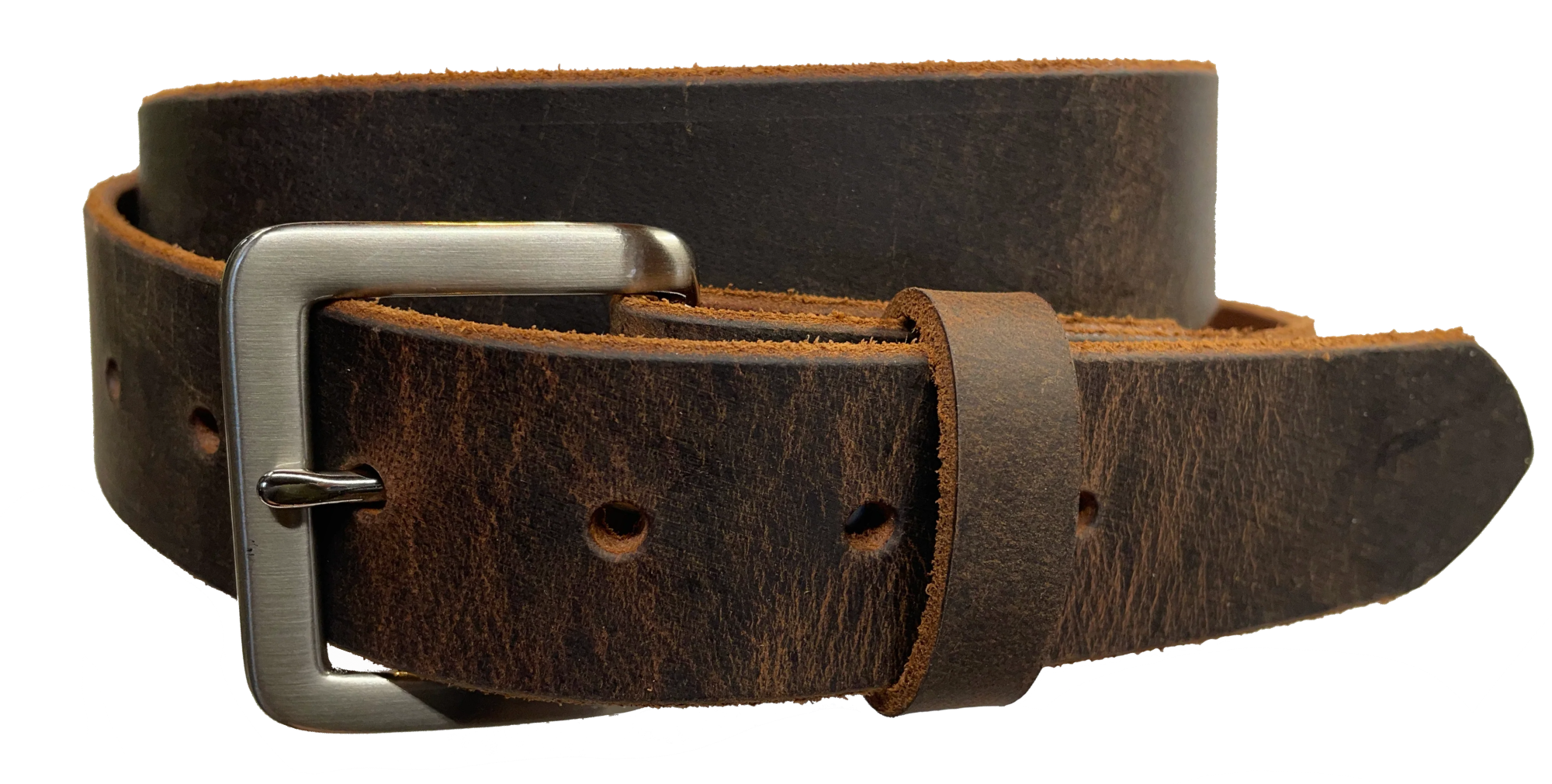 This brown leather belt is made from Crazy Horse tanned leather for that distressed and pull-up look. The edges are beveled and left raw for a contrasting look. It has an antique nickel coated solid brass buckle that is snapped in place. Belt is 1 1/2" wide and available in lengths from 34" to 44".  It is handmade in our shop in Smyrna, TN, just outside of Nashville. 