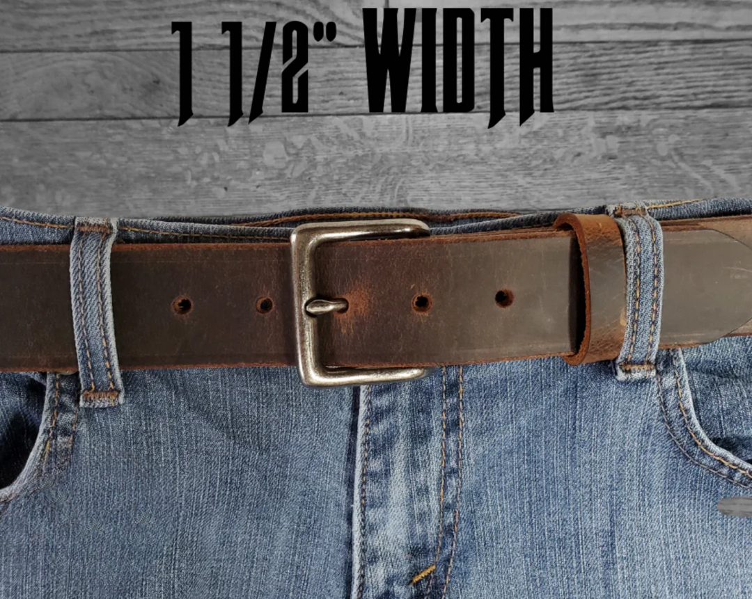 This brown leather belt is made from Crazy Horse tanned leather for that distressed and pull-up look. The edges are beveled and left raw for a contrasting look. It has an antique nickel coated solid brass buckle that is snapped in place. Belt is 1 1/2" wide and available in lengths from 34" to 44".  It is handmade in our shop in Smyrna, TN, just outside of Nashville. 