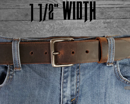 This brown leather belt is made from Crazy Horse tanned leather for that distressed and pull-up look. The edges are beveled and left raw for a contrasting look. It has an antique nickel coated solid brass buckle that is snapped in place. Belt is 1 1/2" wide and available in lengths from 34" to 44".  It is handmade in our shop in Smyrna, TN, just outside of Nashville. 