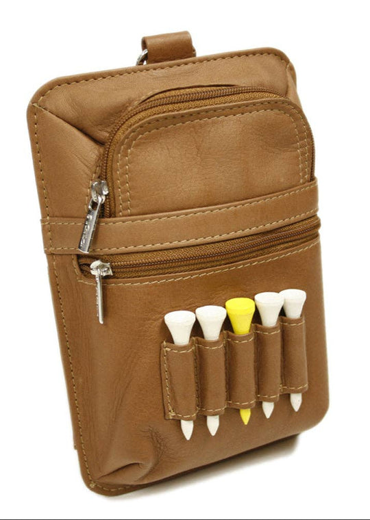 The perfect gift for your favorite golfer! Front tee holders and a zip-pocket. Main zippered compartment for your valuables or golf balls. Snap hook for easy bag attachment. Fully lined interior. Tee up and come to our Smyrna, TN shop and see these for yourself.
Handcrafted in Colombia, South America.
Naked leather, very soft with a natural feel.
Dimensions 5 x 7.25 x 1.75 inches
Rear window pocket for scorecard and Pencil slot