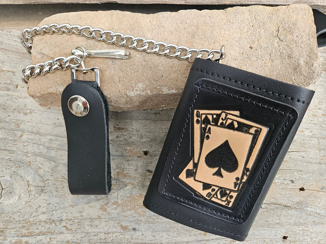 Spade card hand pattern Leather Patch all leather Tri-fold Chain Wallet. 1 Cash Slot for all your important stash, 3 card slots and 1 underneath the middle slot. It&
