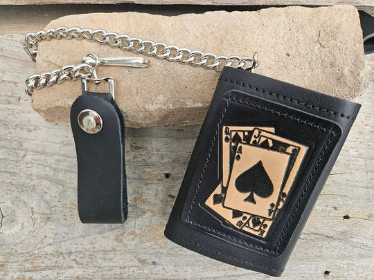 Spade card hand pattern Leather Patch all leather Tri-fold Chain Wallet. 1 Cash Slot for all your important stash, 3 card slots and 1 underneath the middle slot. It&