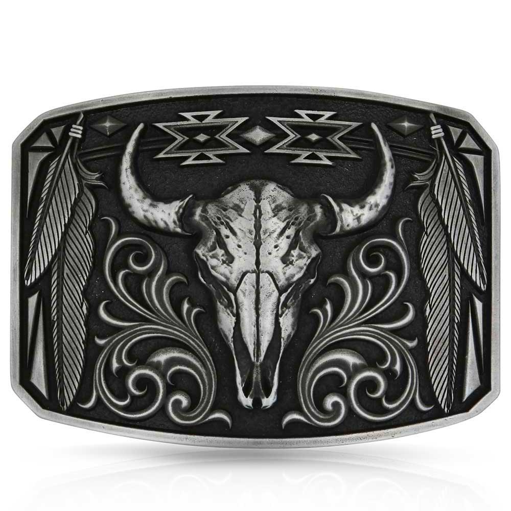 The Great Plains Buckle is celebrating the Great Plains of America. It Features a Bull Bison Skull accented with Western Scroll and a Southwest pattern, framed by 2 sets of feathers. Fits 1 1/2" belts and is approx. 3" tall x 4"across. Available at our shop just outside Nashville in Smyrna, TN. Made by Montana Silversmith.

Silver plating over a white metal alloy, paint, and anti-tarnish armor.