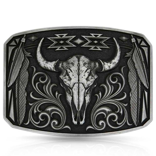 The Great Plains Buckle is celebrating the Great Plains of America. It Features a Bull Bison Skull accented with Western Scroll and a Southwest pattern, framed by 2 sets of feathers. Fits 1 1/2" belts and is approx. 3" tall x 4"across. Available at our shop just outside Nashville in Smyrna, TN. Made by Montana Silversmith.

Silver plating over a white metal alloy, paint, and anti-tarnish armor.