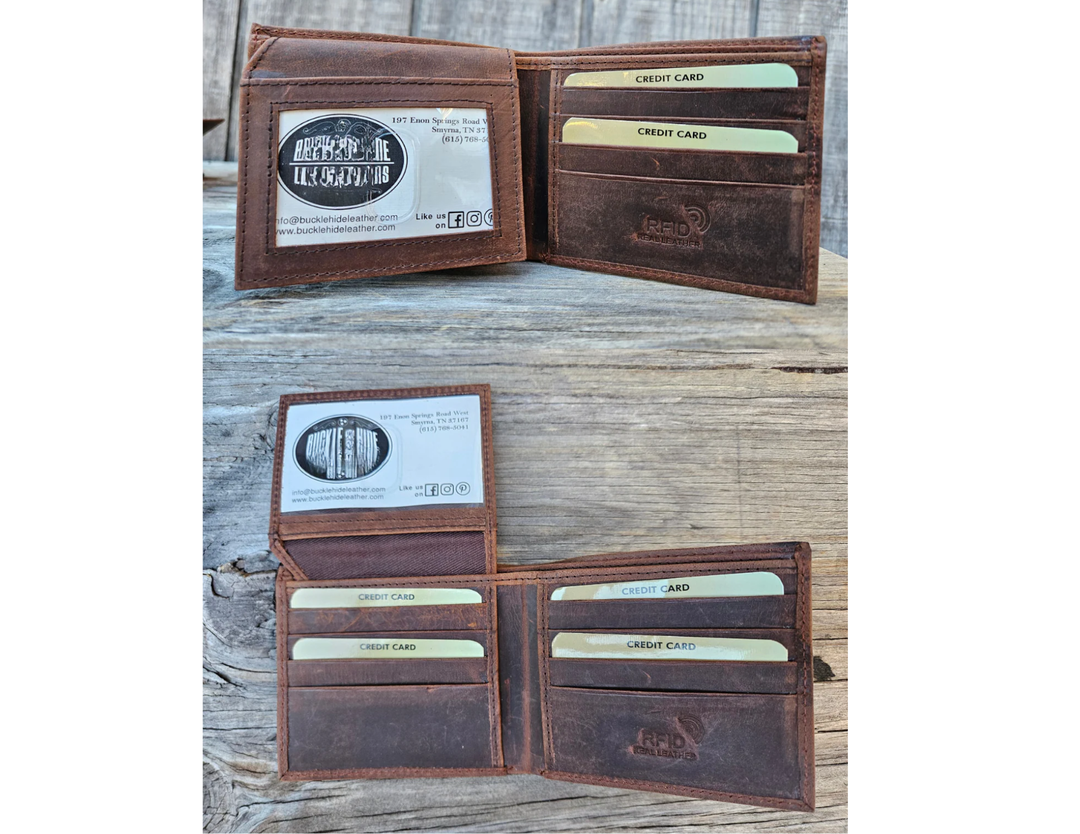 With a name like Lincoln this has to be a practical Bi-fold leather wallet. Equipped with 10 credit card slots and 2 ID window slots on a flip-up extension piece. The main compartments has a cash divider. Lined with RFID blocking. . Available in our Smyrna, TN shop near Sewarts Landing.

Made in India.