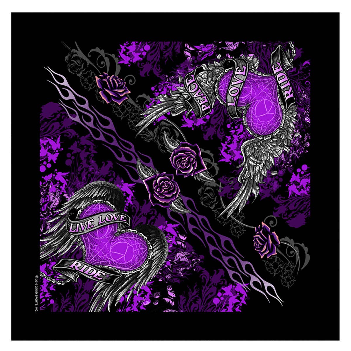 Make a statement with our Banner Heart Live Love Ride Bandana! Artwork with Bannered Winged Heart accented with cobwebs and bike chains, surrounded by flames, butterflies, flowers, in a mirrored half design. Purple, white, grey on a black background. As you know these can be worn many ways... wear them traditionally, or as a skull cap. Get your favorite one at our Smyrna, TN shop not far from Boswell's in Nashville.

Hot Leathers Original Design
Single sided print
21" X 21" Measurement
100% Polyester
