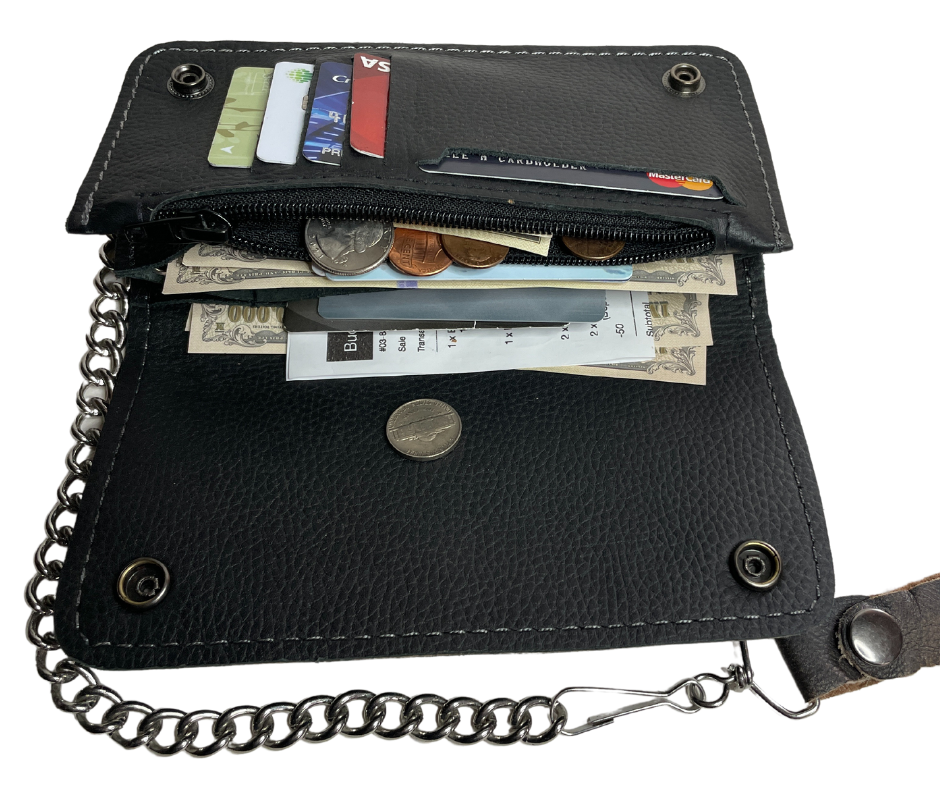 Soft Long Style Bi-fold Chain Wallet in Distressed brown. 2 Main Cash Slots for all your important stash, 1 zipper pocket, 7 card slots. A little over 7" in length. 2 snap closure. Complete with a 18" chrome plated chain including leather belt loop. Like most wallets over stuffing will limit the time of use. It's imported but it's Buckle and Hide approved. Colors may vary from picture.
