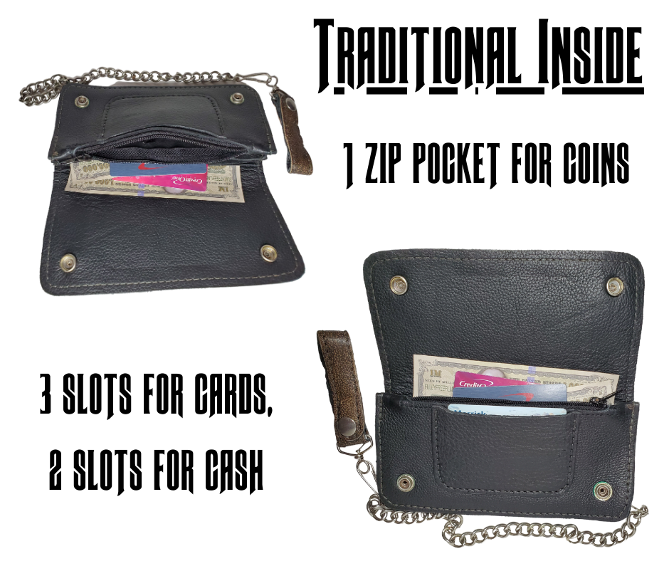 Soft Long Style Bi-fold Chain Wallet in Distressed brown. 2 Main Cash Slots for all your important stash, 1 zipper pocket, 3 card slots. A little over 7" in length. 2 snap closure. Complete with a 18" chrome plated chain including leather belt loop. Like most wallets over stuffing will limit the time of use. It's imported but it's Buckle and Hide approved. Colors may vary from picture.