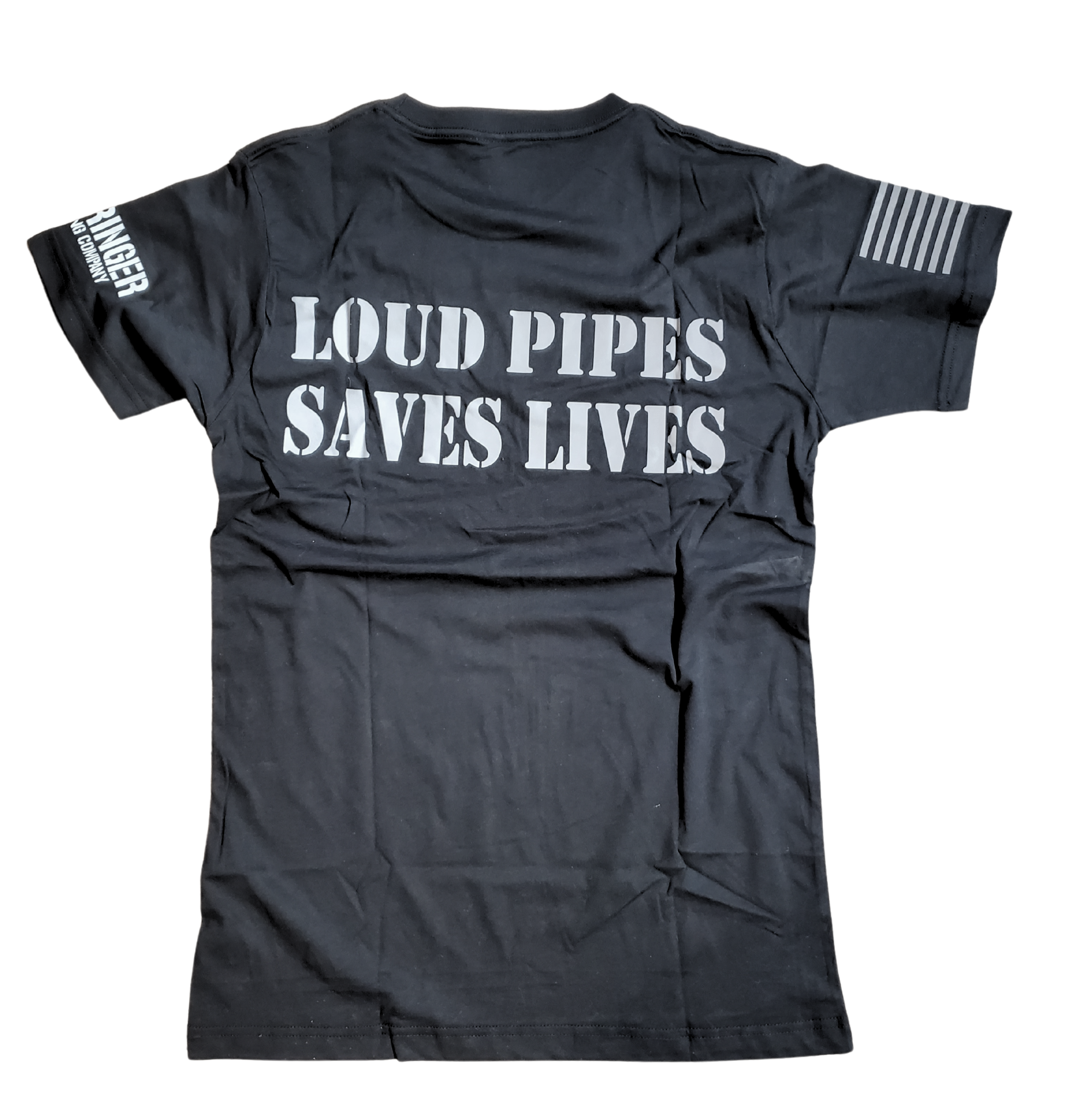 Make a statement with the REFLECTIVE design on our Loud Pipes Saves Lives short sleeve tee. Crafted from soft, lightweight cotton, it features bold "Loud Pipes Save Lives" graphics on the back, a smaller version on the chest, a USA flag on the right sleeve, and the Derringer logo on the left. Now stocked in our Smyrna, TN shop, just a short ride from Bumpus HD in Murfreesboro. Sizes M-3X.