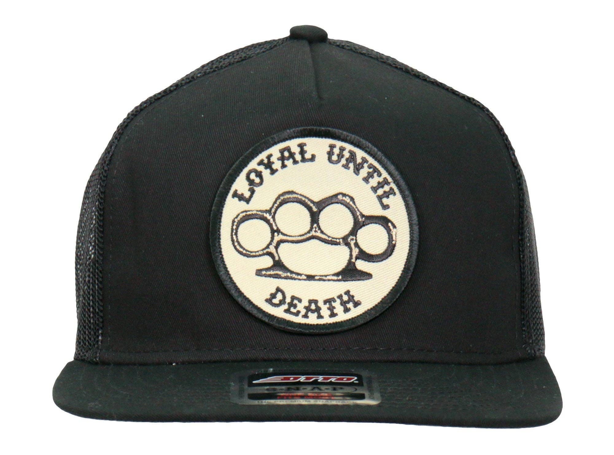 Front view - Loyal Until Death Patch flat bill Snap Back Hat. Its a cotton/polyester blend helps the hat hold its shape for long time use. Otto Brand mesh style back hat with a plastic adjustable tab. Ride to our Smyrna, TN shop not far from Murfreesboro.