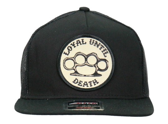 Front view - Loyal Until Death Patch flat bill Snap Back Hat. Its a cotton/polyester blend helps the hat hold its shape for long time use. Otto Brand mesh style back hat with a plastic adjustable tab. Ride to our Smyrna, TN shop not far from Murfreesboro.