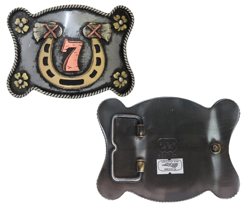 The Lucky 7 buckle is made from German Silver (nickel and brass alloy) or iron metal base. Each piece is punched, cut, soldered, engraved, polished and painted by our talented metal workers.  Our products are all handcrafted. Finally each piece is covered with a heat sealed lacquer to ensure the piece&