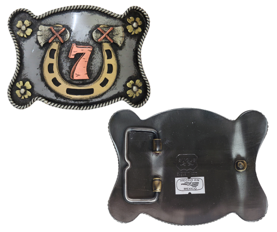 The Lucky 7 buckle is made from German Silver (nickel and brass alloy) or iron metal base. Each piece is punched, cut, soldered, engraved, polished and painted by our talented metal workers.  Our products are all handcrafted. Finally each piece is covered with a heat sealed lacquer to ensure the piece&