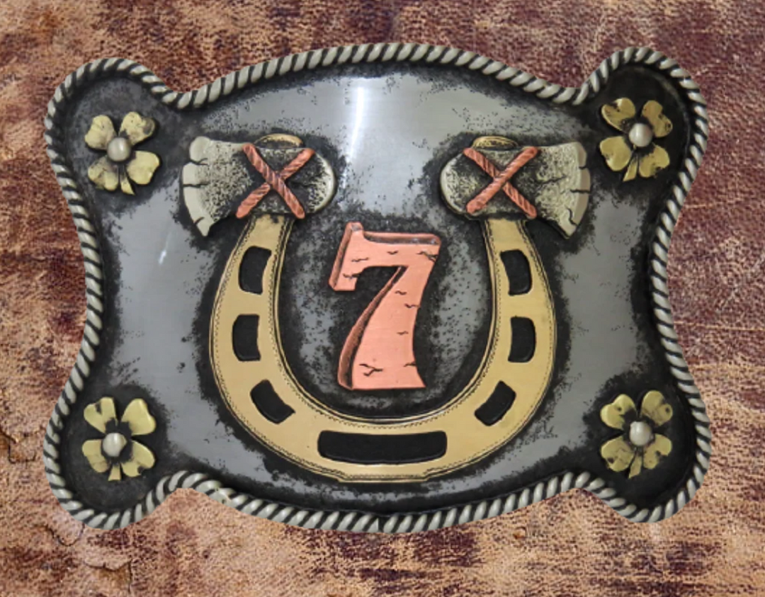 The Lucky 7 buckle is made from German Silver (nickel and brass alloy) or iron metal base. Each piece is punched, cut, soldered, engraved, polished and painted by our talented metal workers.  Our products are all handcrafted. Finally each piece is covered with a heat sealed lacquer to ensure the piece&