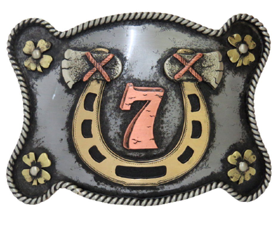 The Lucky 7 buckle is made from German Silver (nickel and brass alloy) or iron metal base. Each piece is punched, cut, soldered, engraved, polished and painted by our talented metal workers.  Our products are all handcrafted. Finally each piece is covered with a heat sealed lacquer to ensure the piece's long lasting qualities. Available at our Smyrna, TN shop just outside of Nashville.
Approx. Width 4” Height 3”
Fit's Standard 1.5”