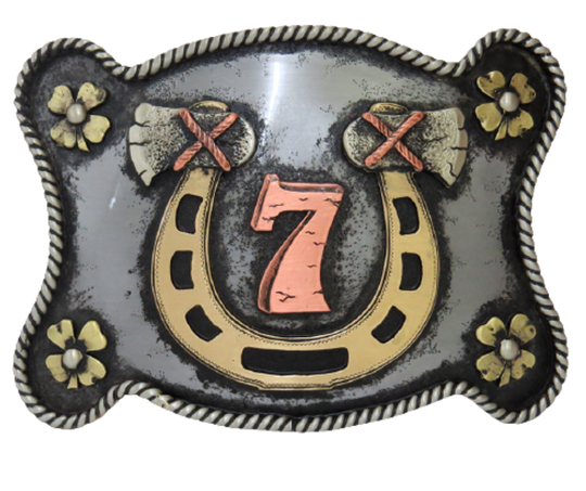 The Lucky 7 buckle is made from German Silver (nickel and brass alloy) or iron metal base. Each piece is punched, cut, soldered, engraved, polished and painted by our talented metal workers.  Our products are all handcrafted. Finally each piece is covered with a heat sealed lacquer to ensure the piece&