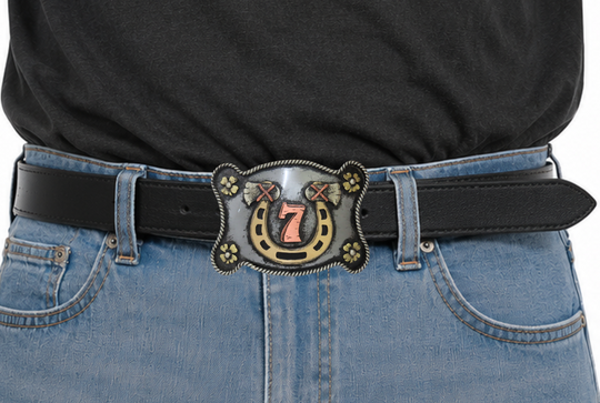 The Lucky 7 buckle is made from German Silver (nickel and brass alloy) or iron metal base. Each piece is punched, cut, soldered, engraved, polished and painted by our talented metal workers.  Our products are all handcrafted. Finally each piece is covered with a heat sealed lacquer to ensure the piece&