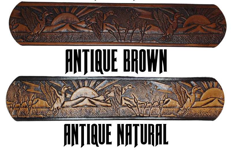 This solid strip of Veg Tan cowhide, is hand stained in 4 brown options, with smooth, finished edges. Embossed with a Mallard Duck scene down length of belt, or have name added to scene up to 8 letters. Belt thickness is approx. 1/8", and 1 1/2" wide. Sizes available are 34" to 44" from buckle end to hole most worn. Attached with 2 snaps is a Brushed Nickel plated solid brass buckle. 