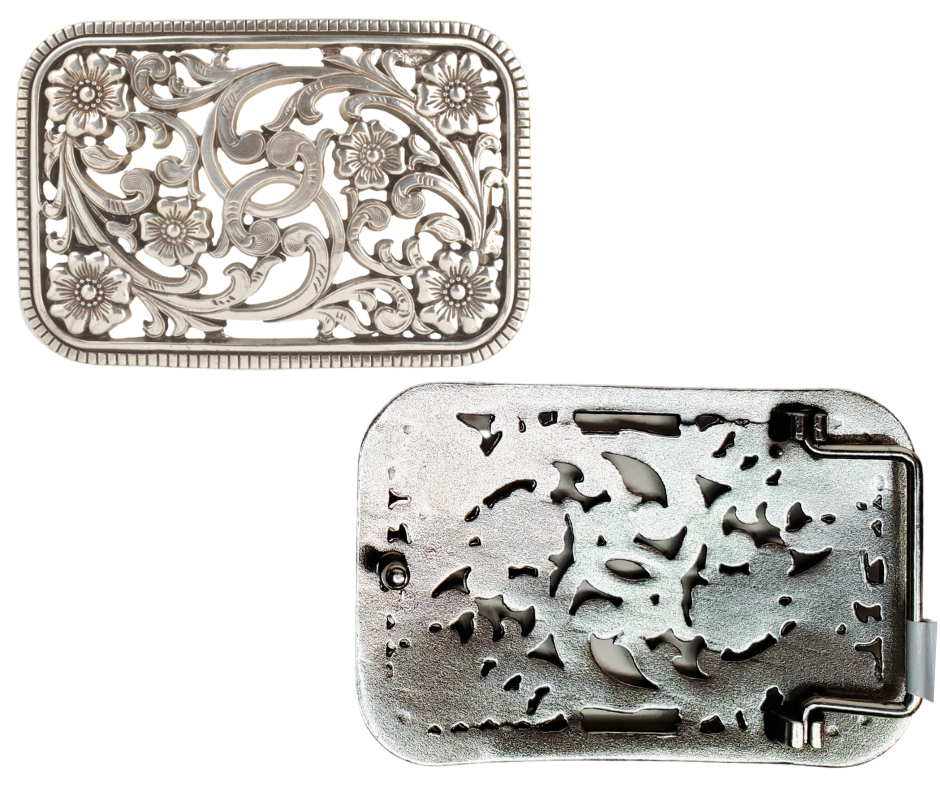 Get the perfect blend of Western and non-Western style with this Antique Silver buckle featuring a Filigreed Vine and Flower scroll design. The rectangular shape with rounded edges and rope design border adds a unique touch to any outfit. It's 3" tall by 4" wide, fitting belts up to 1 1/2" wide. Find it at our retail shop in Smyrna, TN or conveniently purchase it online. Imported
