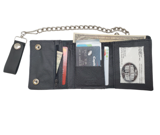 Our Bar Hopper Chain wallet is just the right amount of wallet for your night out riding your bike. It's Made in USA in a popular Tri-fold style with I.D. holder, 4 card slots in center section with a under pocket, zippered pocket also with a under pocket and a Main cash compartment. A&nbsp;12" chain keeps it's secure in a compact folded size 3 1/2" x 4 1/2" open 10 1/2" x 3 1/2". Pick yours up at our Smyrna, Tn shop not far from Murfreesboro.