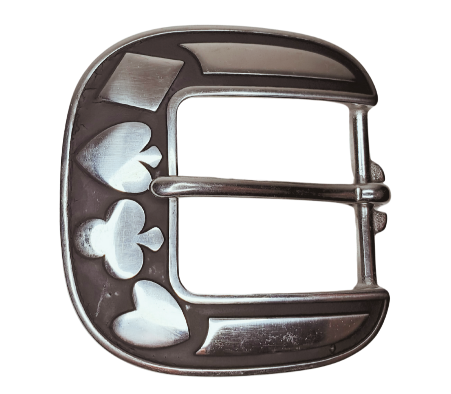 Are you drawn to Spades, Hearts, and Diamonds and live life on the edge? Look no further, our heavy Stainless Steel belt buckle is ready to attach to your existing belt. Designed to fit 1 1/2" belts and measuring approximately 2 3/4" x 2-3/4, it's available in our shop near Nashville in Smyrna, TN.