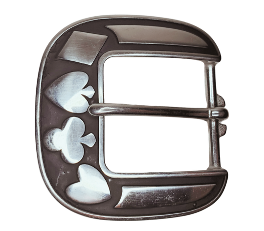 Are you drawn to Spades, Hearts, and Diamonds and live life on the edge? Look no further, our heavy Stainless Steel belt buckle is ready to attach to your existing belt. Designed to fit 1 1/2" belts and measuring approximately 2 3/4" x 2-3/4, it's available in our shop near Nashville in Smyrna, TN.