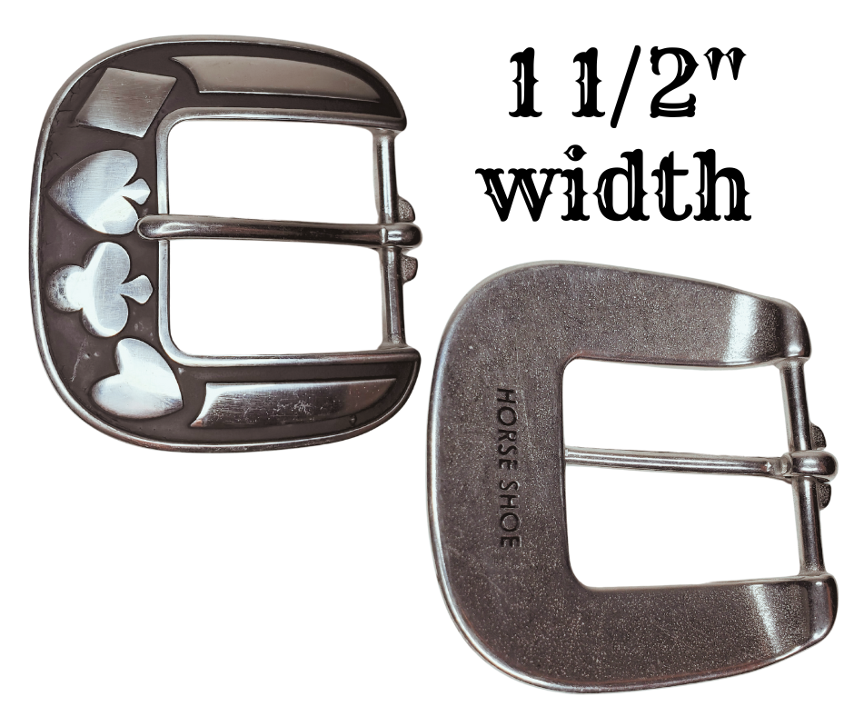 Are you drawn to Spades, Hearts, and Diamonds and live life on the edge? Look no further, our heavy Stainless Steel belt buckle is ready to attach to your existing belt. Designed to fit 1 1/2" belts and measuring approximately 2 3/4" x 2-3/4, it's available in our shop near Nashville in Smyrna, TN.