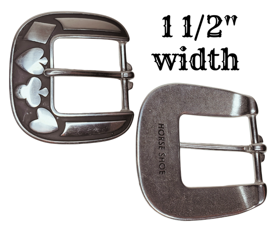 Are you drawn to Spades, Hearts, and Diamonds and live life on the edge? Look no further, our heavy Stainless Steel belt buckle is ready to attach to your existing belt. Designed to fit 1 1/2" belts and measuring approximately 2 3/4" x 2-3/4, it's available in our shop near Nashville in Smyrna, TN.