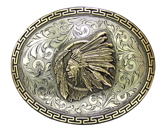 The Native Spirit is an oval buckle bordered with a continuous line of linked 52 pattern in brass. The background is an engraved western floral in silver. The center is graced with a brass Indian chief over a dream catcher. All creating an image that captures the Native Spirit. Available in our Smyrna, TN shop, a short distance from Nashville.

Dimensions: Width 4.5”, Height 3.5”
Standard 1.5” Swivel