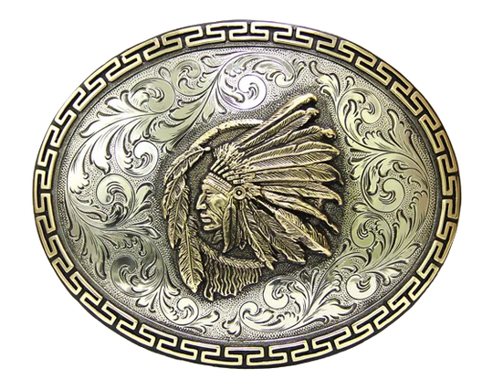 The Native Spirit is an oval buckle bordered with a continuous line of linked 52 pattern in brass. The background is an engraved western floral in silver. The center is graced with a brass Indian chief over a dream catcher. All creating an image that captures the Native Spirit. Available in our Smyrna, TN shop, a short distance from Nashville.

Dimensions: Width 4.5”, Height 3.5”
Standard 1.5” Swivel