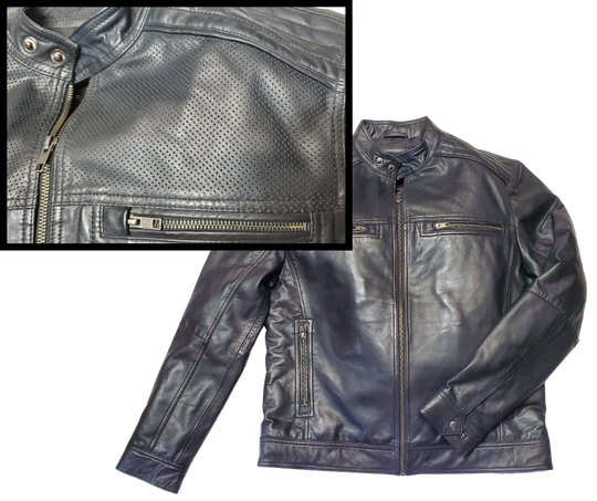 Unleash your edgy side with The "McQueen" Leather Jacket. Made from ultra-soft lamb leather, this motorcycle-style jacket combines European features with practical features like perforated shoulders, zippered vents, and plenty of pockets - 2 outside hands and chest pockets, and 2 inside chest pockets. And with our shop located just a 30-minute drive from Nashville, you can easily grab this versatile jacket for a killer look.