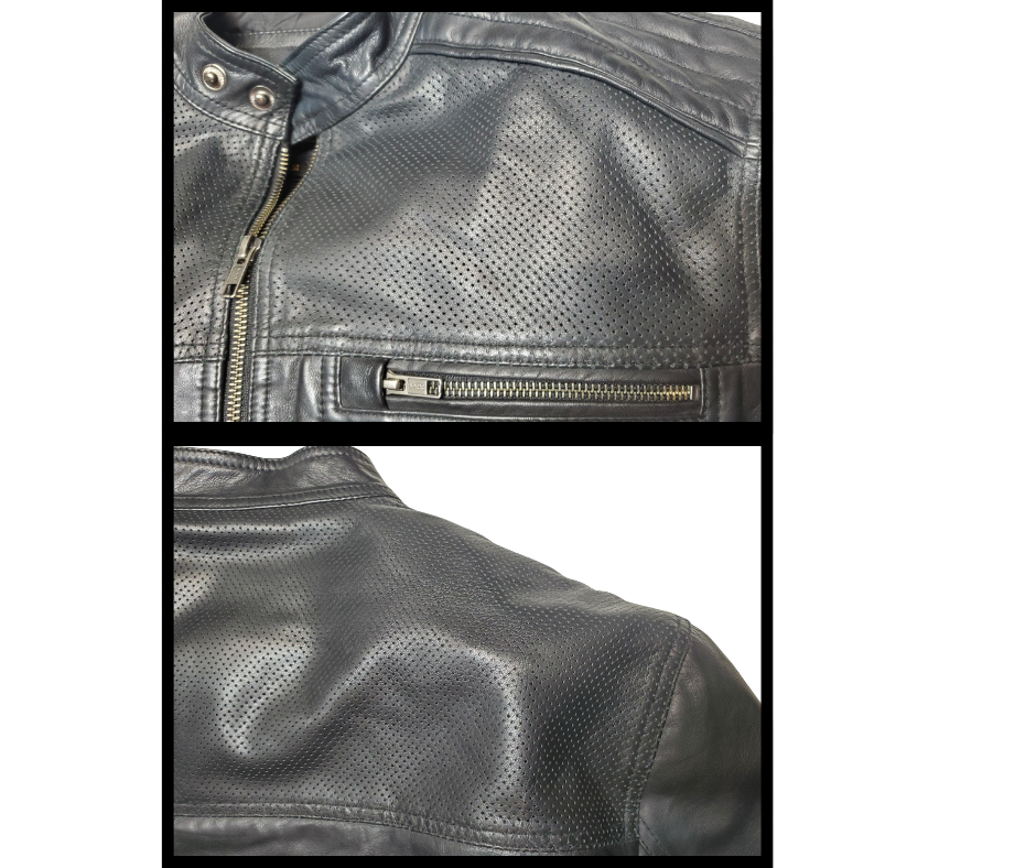 Unleash your edgy side with The "McQueen" Leather Jacket. Made from ultra-soft lamb leather, this motorcycle-style jacket combines European features with practical features like perforated shoulders, zippered vents, and plenty of pockets - 2 outside hands and chest pockets, and 2 inside chest pockets. And with our shop located just a 30-minute drive from Nashville, you can easily grab this versatile jacket for a killer look.
