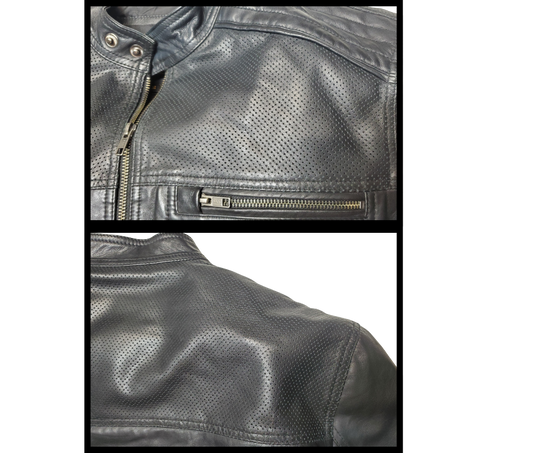 Unleash your edgy side with The "McQueen" Leather Jacket. Made from ultra-soft lamb leather, this motorcycle-style jacket combines European features with practical features like perforated shoulders, zippered vents, and plenty of pockets - 2 outside hands and chest pockets, and 2 inside chest pockets. And with our shop located just a 30-minute drive from Nashville, you can easily grab this versatile jacket for a killer look.