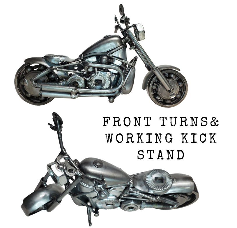Enhance your Man Cave with this one-of-a-kind motorcycle metal art! A great gift for any motorcycle lover, this piece was crafted with nuts, bolts, washers, springs, and bearing wheels for a unique touch. It even stands on its own, thanks to the kickstand. For specific measurements, please refer to the photo. Motorcycle METAL artwork is currently available at our Smyrna store, just minutes from Nashville, TN.