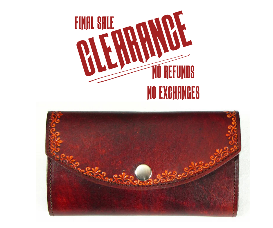 1 LEFT!
Made in USA
Embossed Hand finished Veg-tan leather outside
Leather interior with multiple card pockets
I.D. and Checkbook holder
Approximate size 8" x4" folded