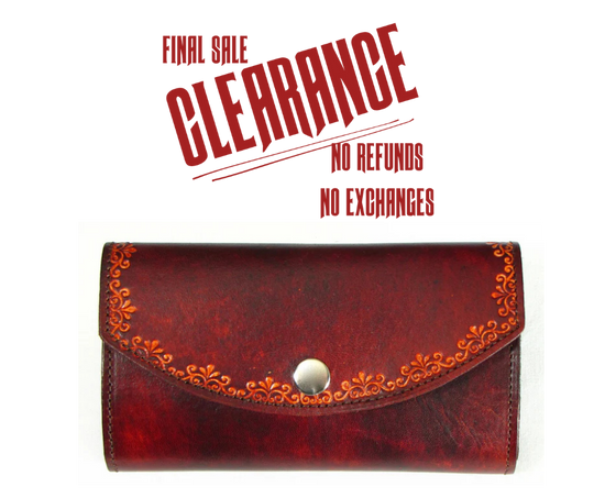 1 LEFT!
Made in USA
Embossed Hand finished Veg-tan leather outside
Leather interior with multiple card pockets
I.D. and Checkbook holder
Approximate size 8" x4" folded