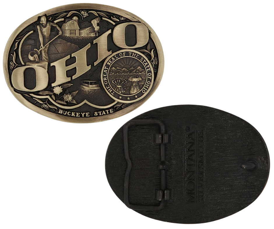 Antiqued brass colored Attitude buckle Ohio state and symbols. Standard 1.5 belt swivel. Available at our shop just outside Nashville in Smyrna, TN.