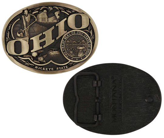 Antiqued brass colored Attitude buckle Ohio state and symbols. Standard 1.5 belt swivel. Available at our shop just outside Nashville in Smyrna, TN.