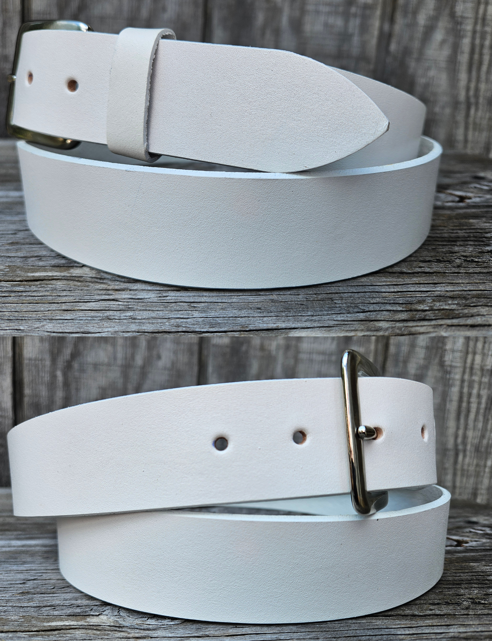 This solid strip of top grain leather has a satin finish White surface, and a width of 1 1/2". Will soften with normal wear. Sizes available are 34" to 44" from buckle end to hole most worn. The buckle is easy to change. One of a few USA made belts not produced in our Smyrna TN shop.