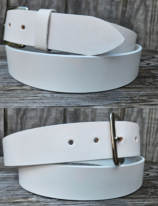 This solid strip of top grain leather has a satin finish White surface, and a width of 1 1/2". Will soften with normal wear. Sizes available are 34" to 44" from buckle end to hole most worn. The buckle is easy to change. One of a few USA made belts not produced in our Smyrna TN shop.